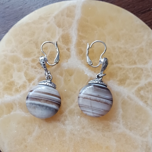 Silver Tone Leverback Brown Striped Stone Earrings - Picture 12 of 13
